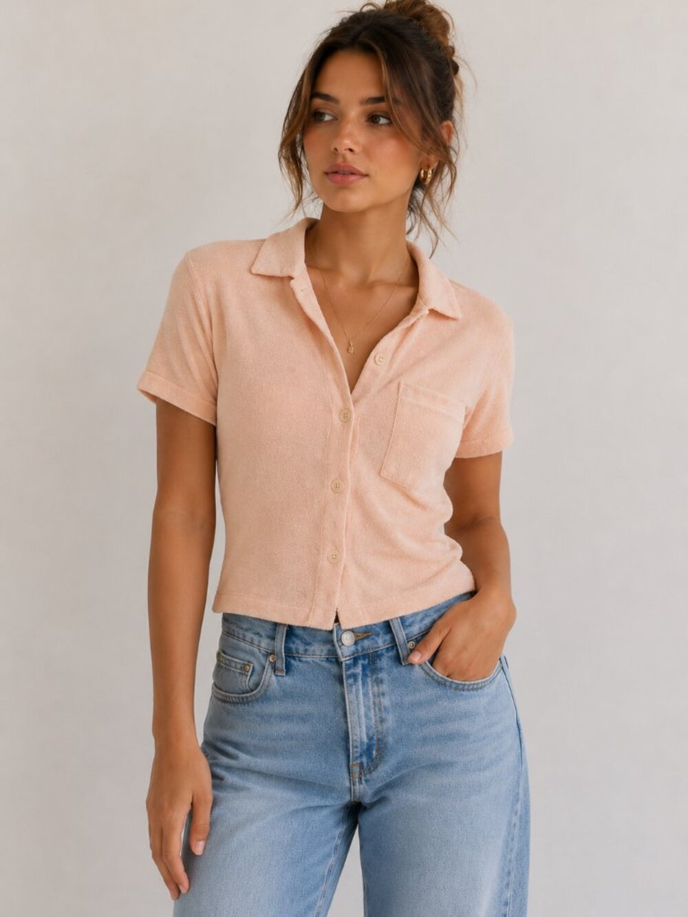 Reformation Terry Toweling Short Sleeve Button Up Shirt Size XS